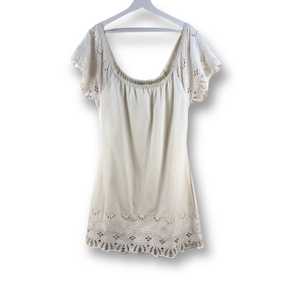 Astars cream embroidered eyelet lace 100% cotton off shoulder dress size M‎
